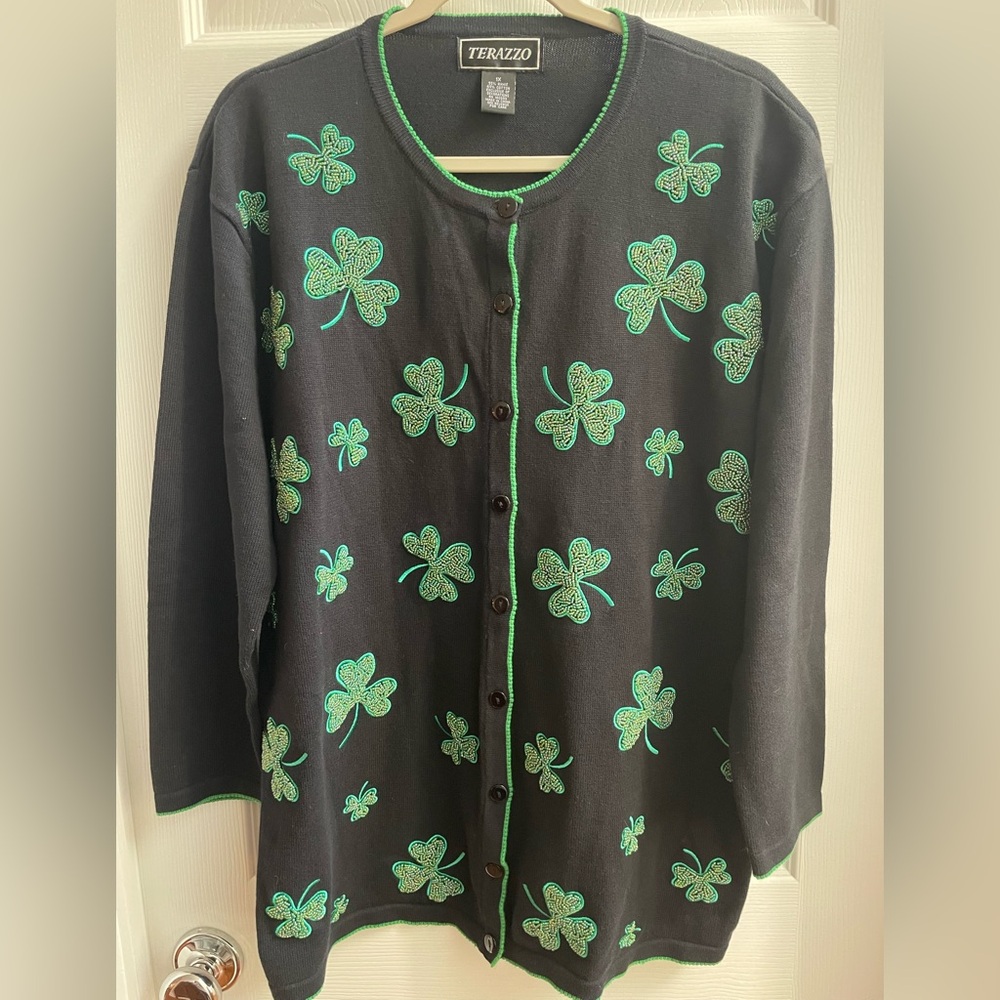 Vintage Terazzo Shamrock Beaded St. Patrick’s Cardigan Sweater